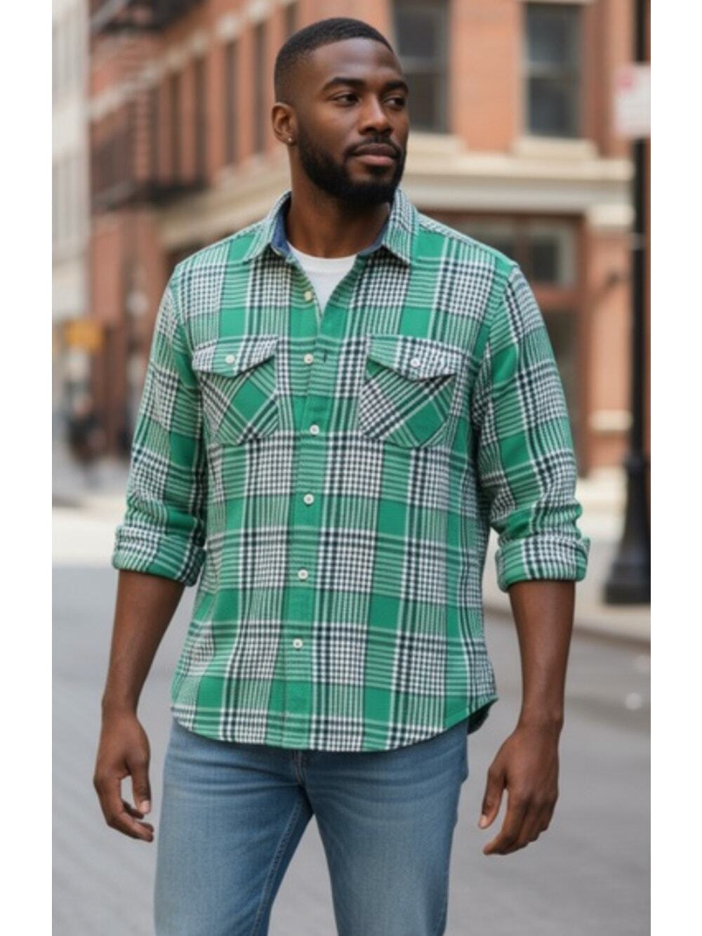 Outerknown M green blue thick plaid shacket flannel